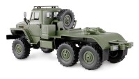 Bestuurbare Ural B36 militaire vrachtwagen 6WD aangedreven met dieplader aanhanger 1op16 RTR